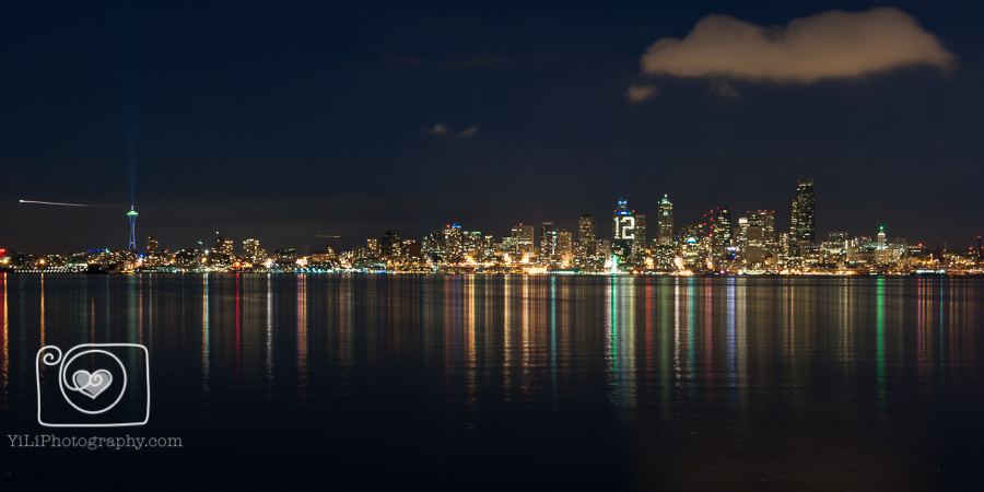 Seattle night skyline, Seattle cityscape, 12th man lights