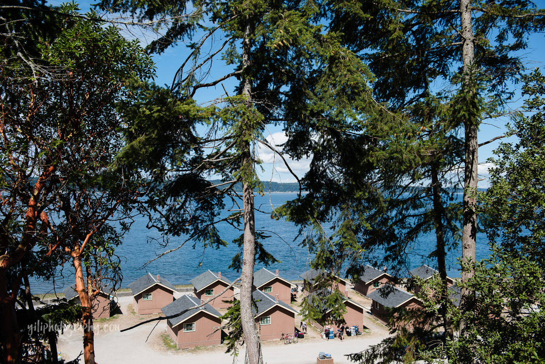 looking down on cabins at cama beach state park