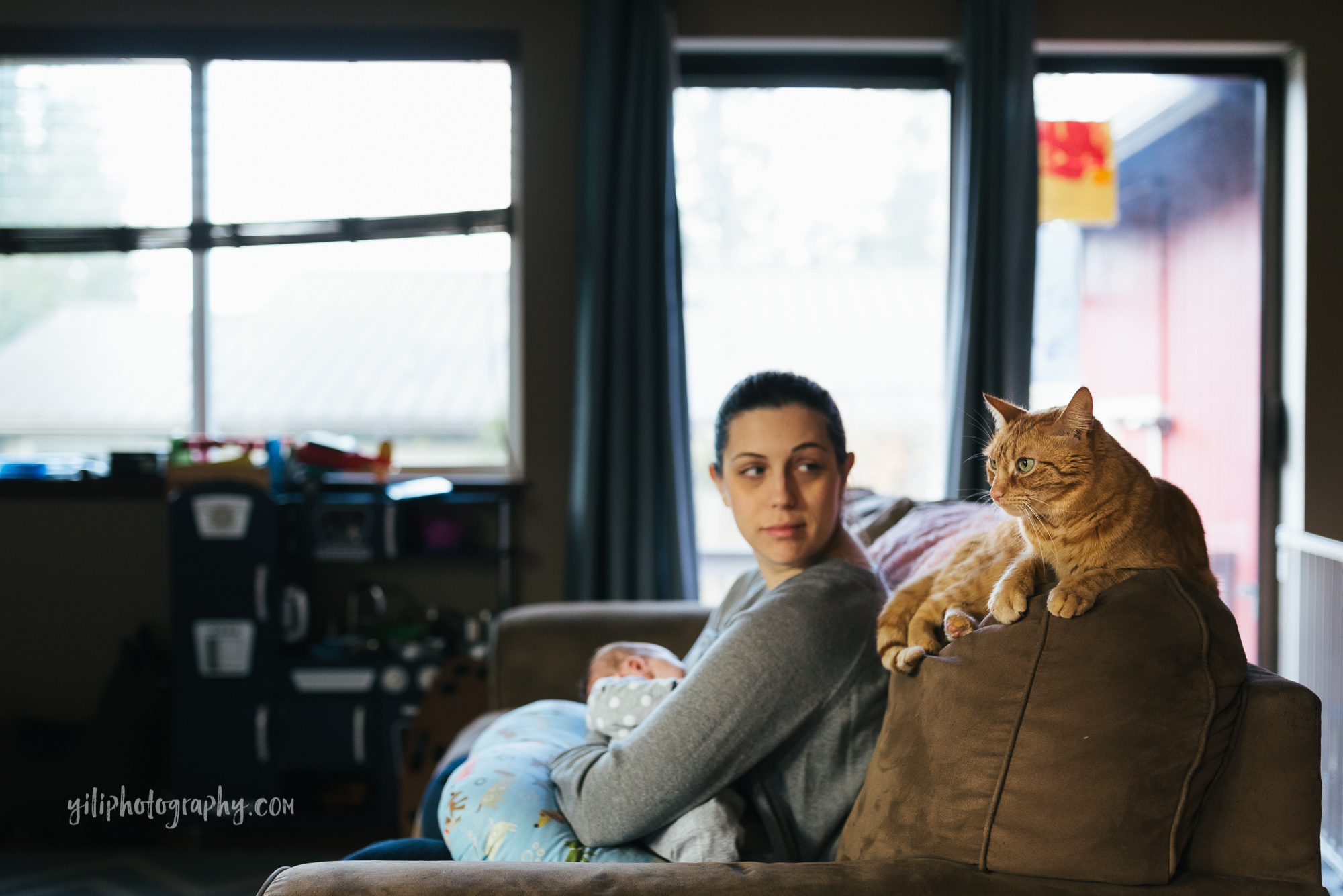 seattle mom nursing looking at orange cat