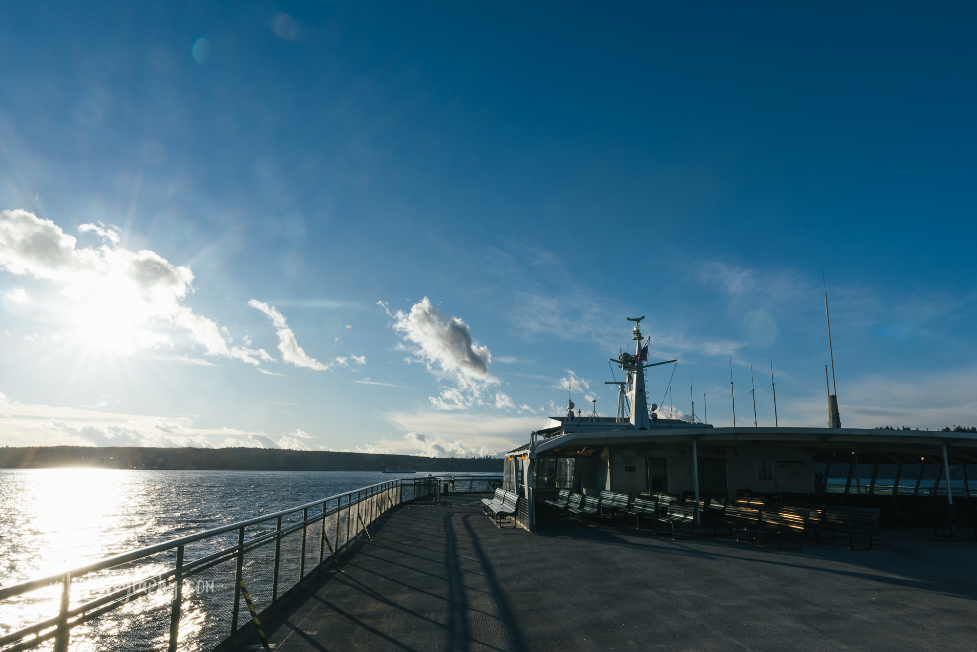 sunny day on washington state ferry upper deck