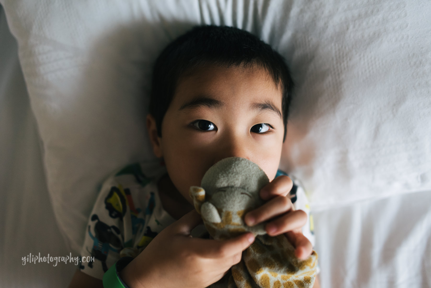 little boy holding lovey in bed