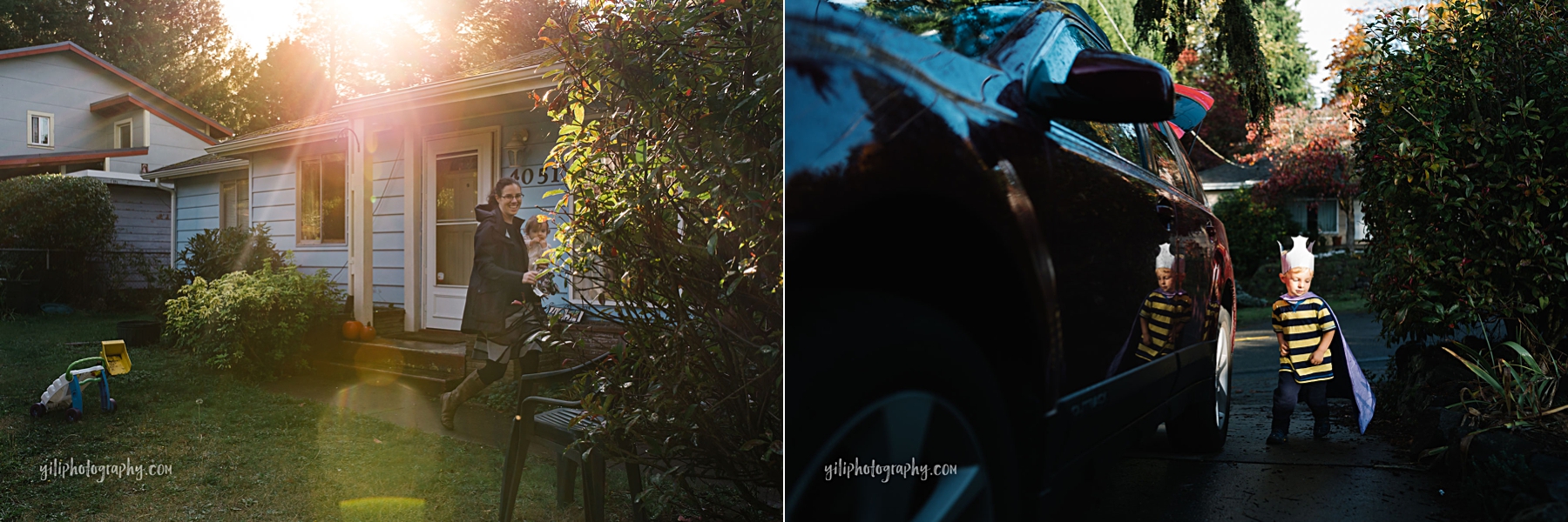 Mom holding toddler girl in front of house with sunflare and boy looking at his reflection in car