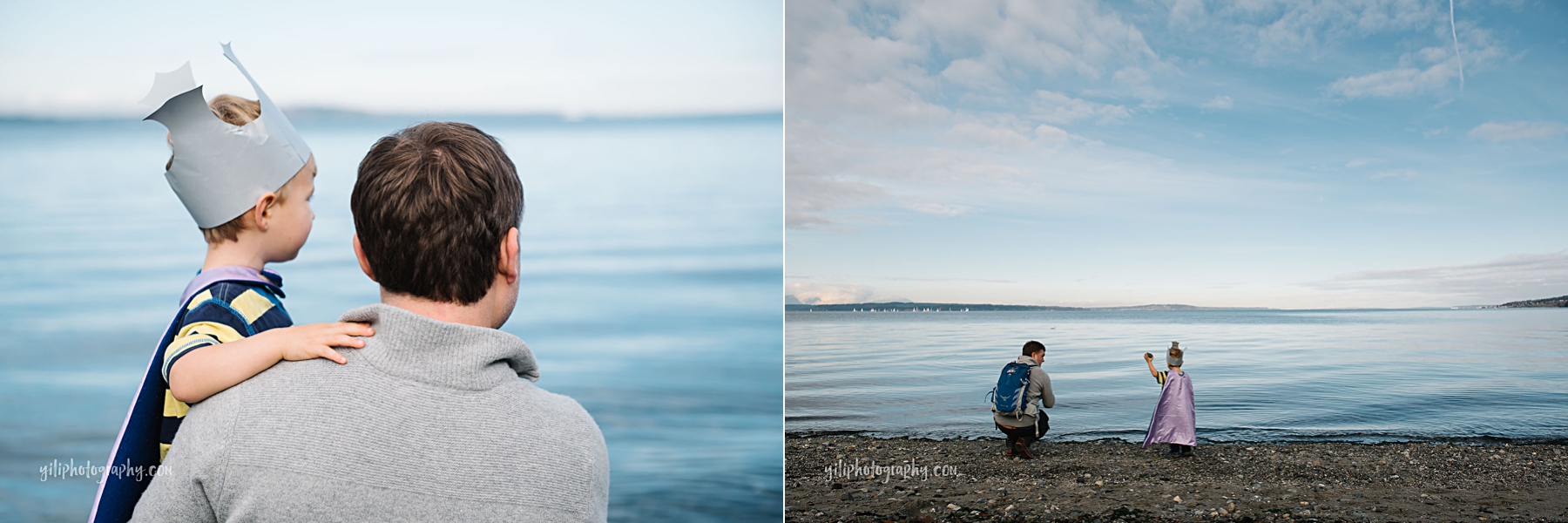 Father holding son in cape and crown at Carkeek Beach Seattle