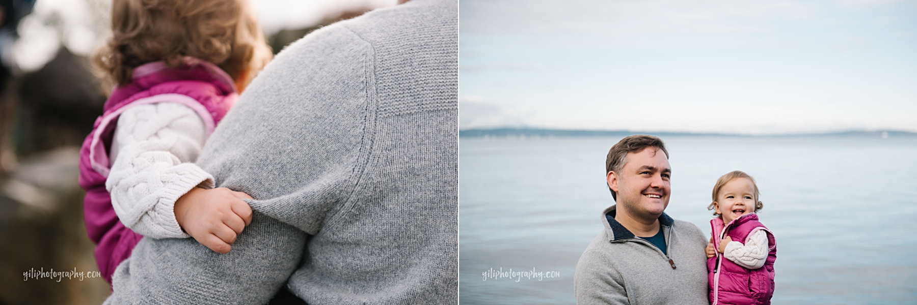 Father holding toddler daughter at Carkeek Beach Seattle WA