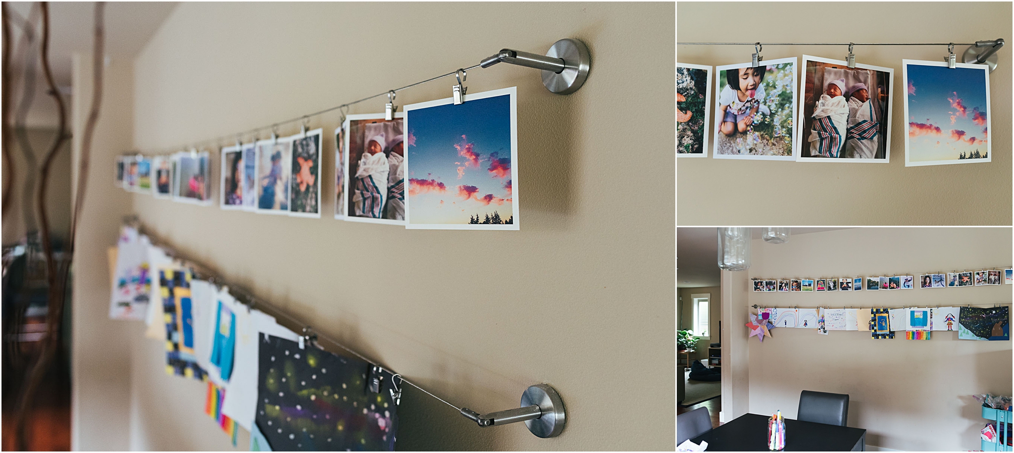 wire curtain rod used a photo display in dining room