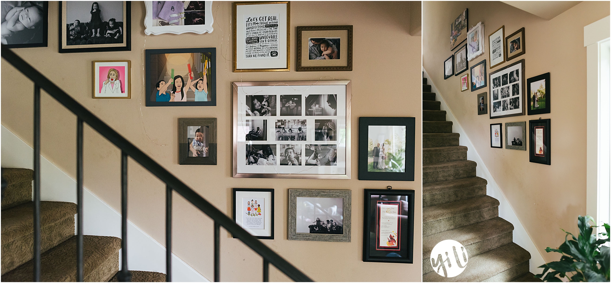 gallery wall of photos and art on stairway