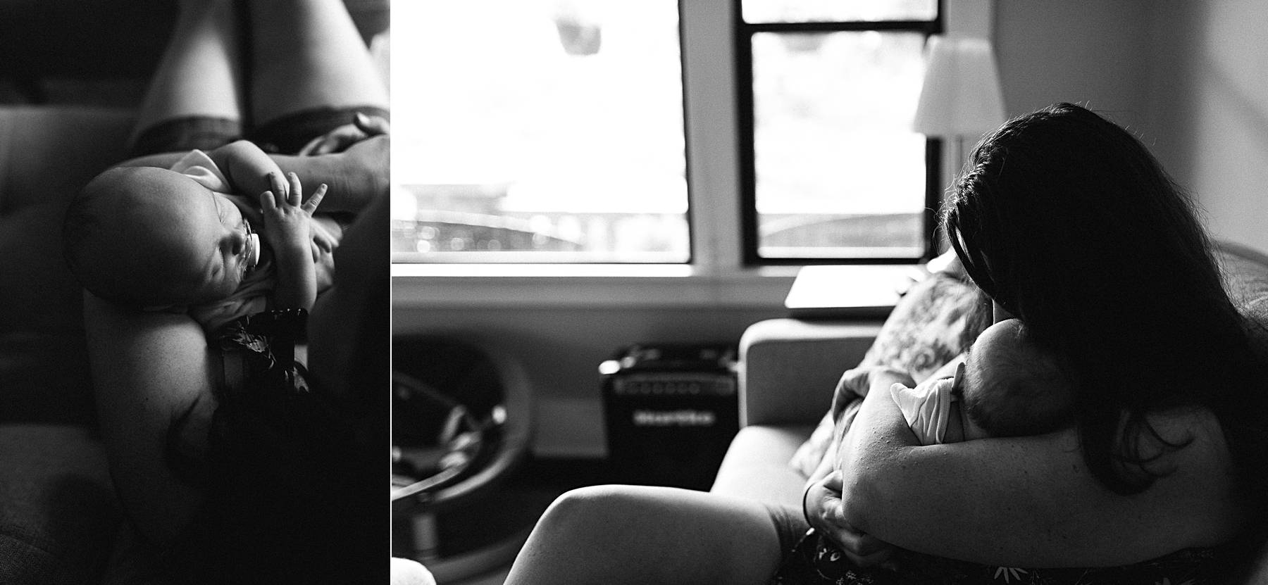 black and white photos of mom cuddling with newborn on couch