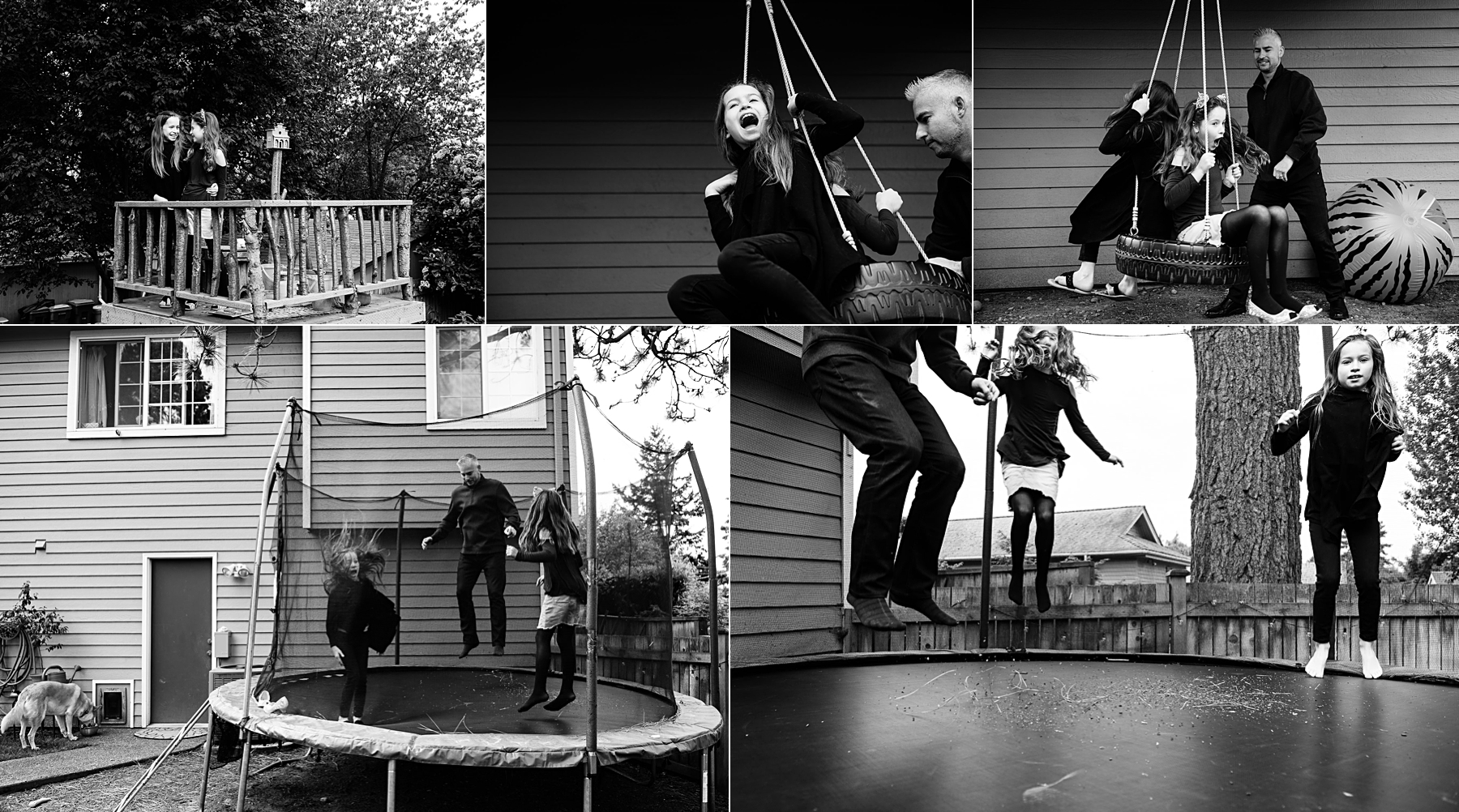 black and white collage of girls playing on tire swing and trampoline with dad in backyard