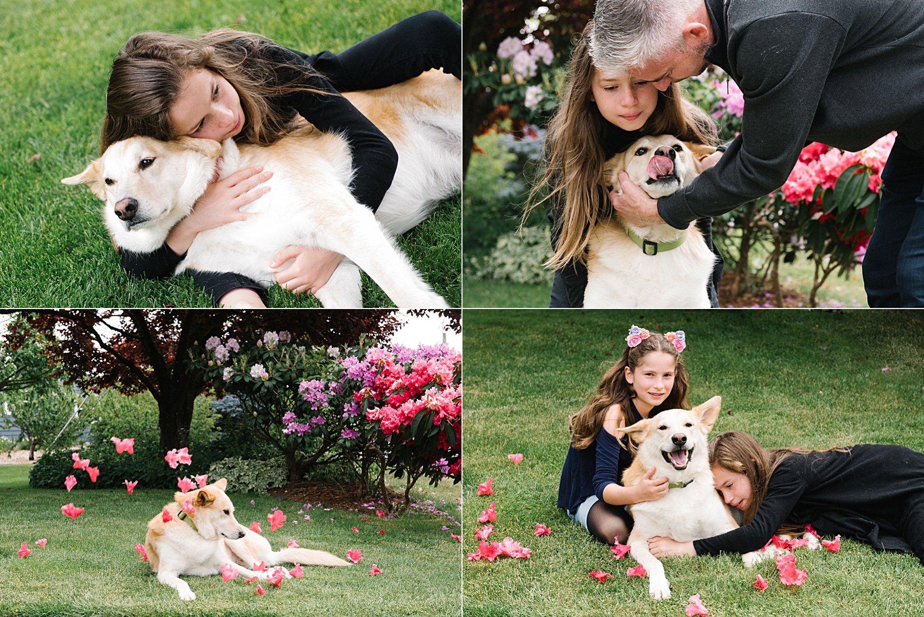 girls with their large mixed breed white dog