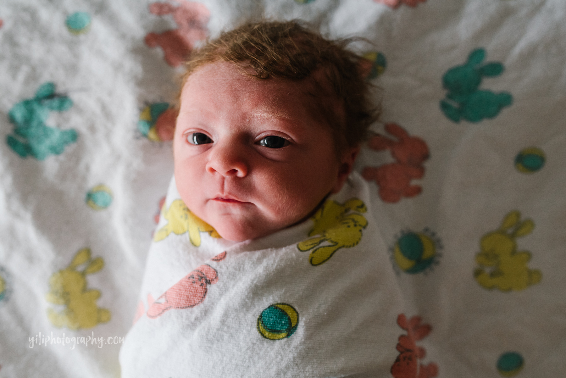 newborn baby girl with red hair swaddled in hospital blankets