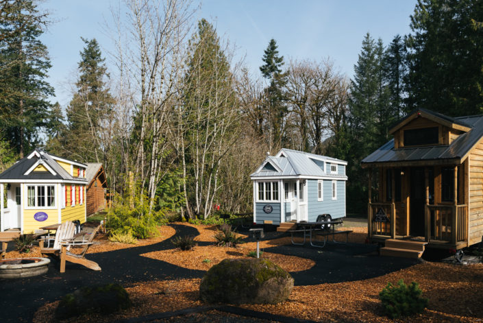 yellow and blue tiny house trailers