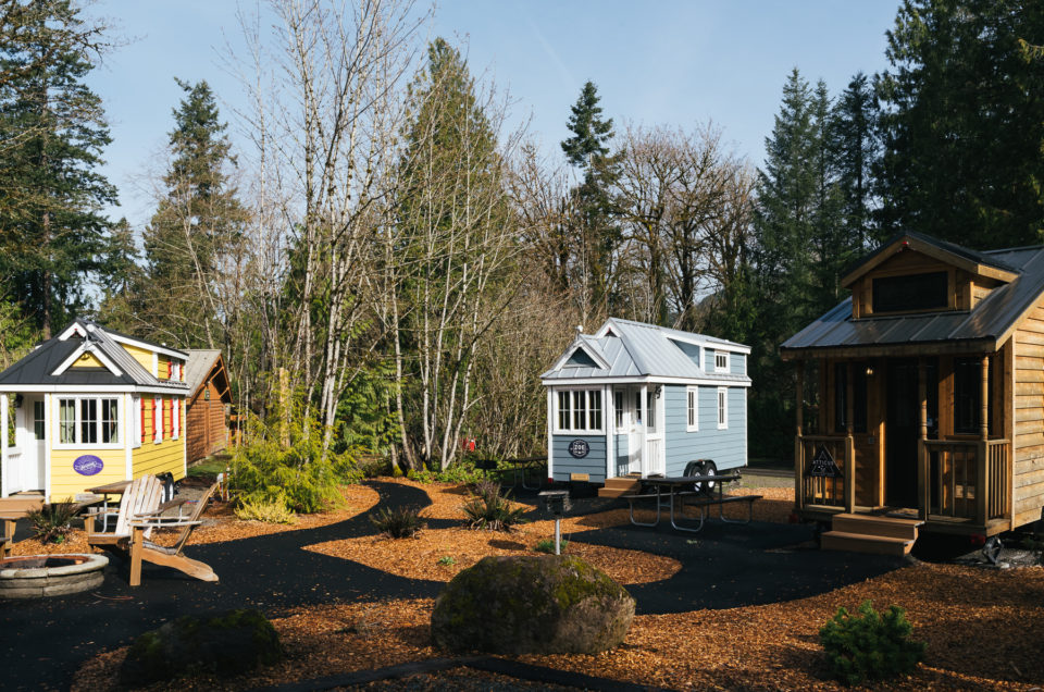 yellow and blue tiny house trailers