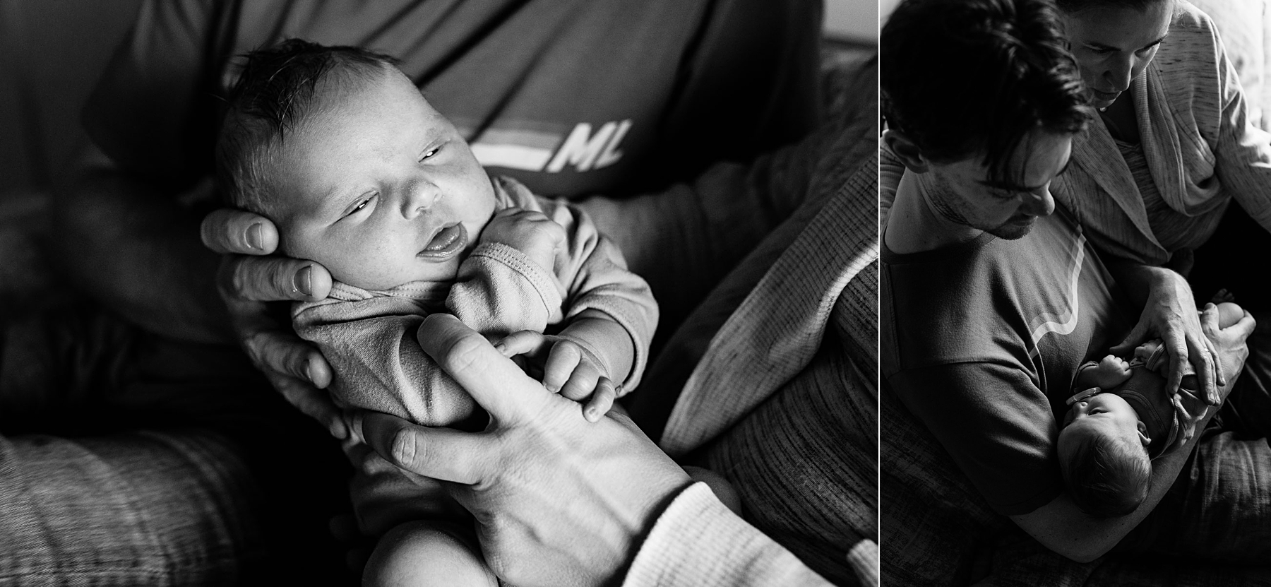 black and white images of newborn baby with parents