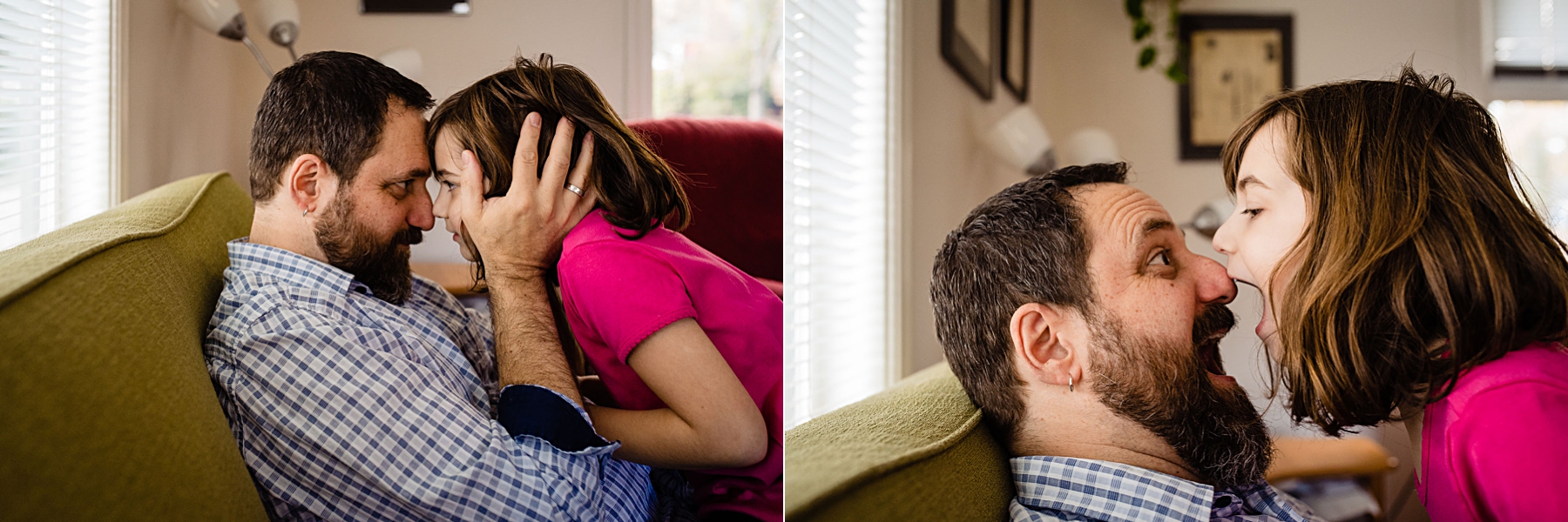 father and young daughter playing together on couch