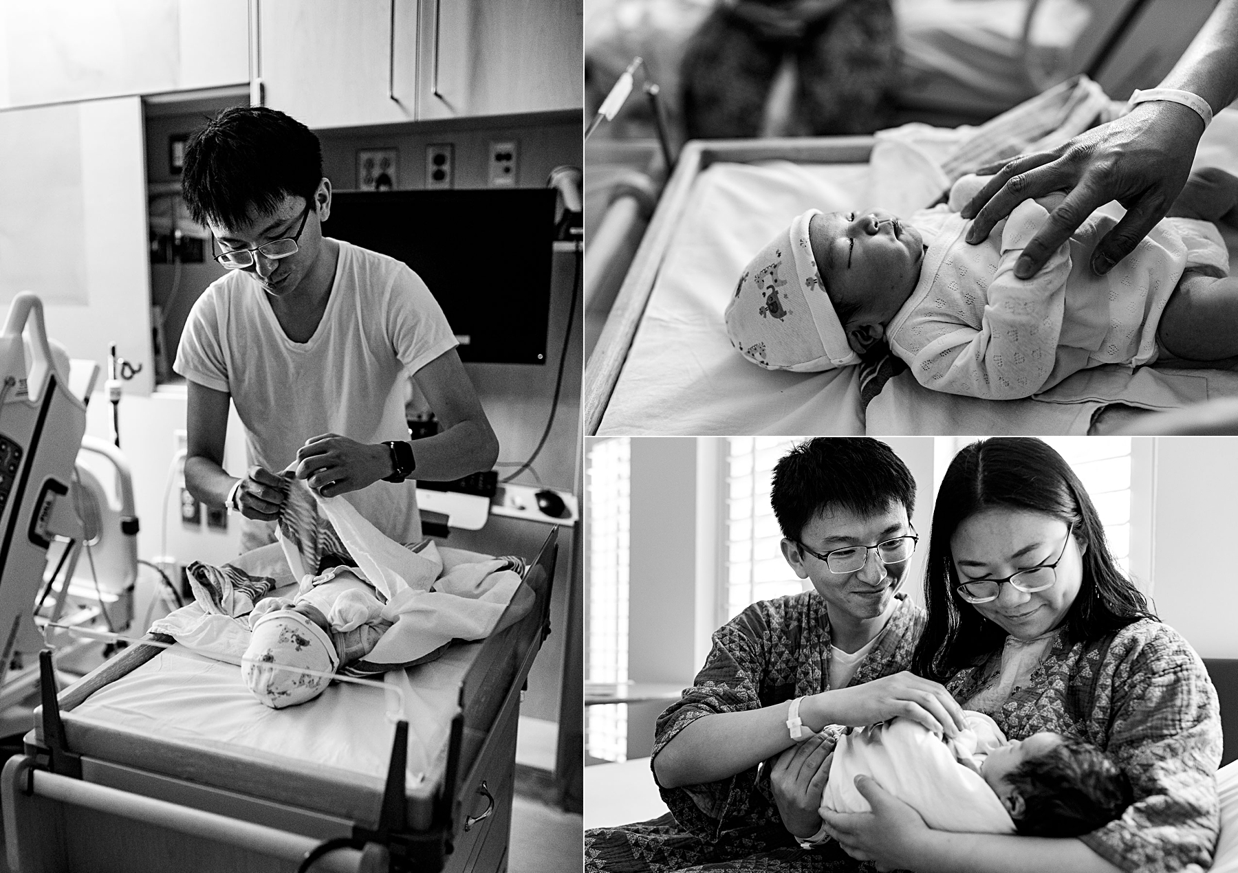 parents interacting with newborn baby in hospital