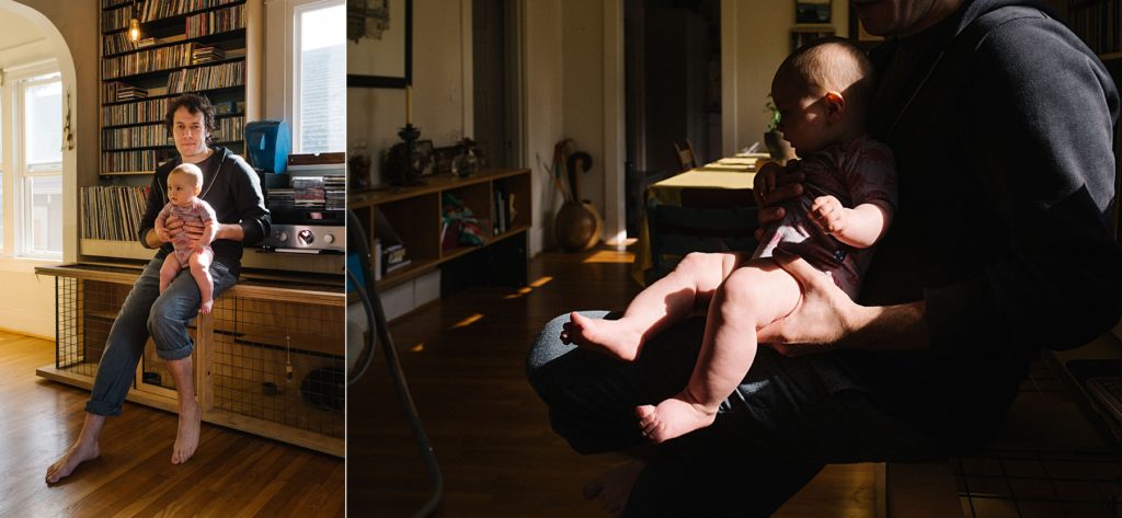 dad hanging out with baby in sunny living room at home