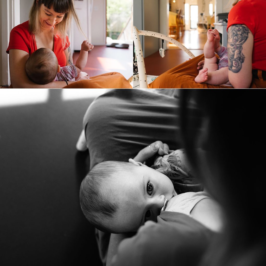 mom and baby nursing in kitchen