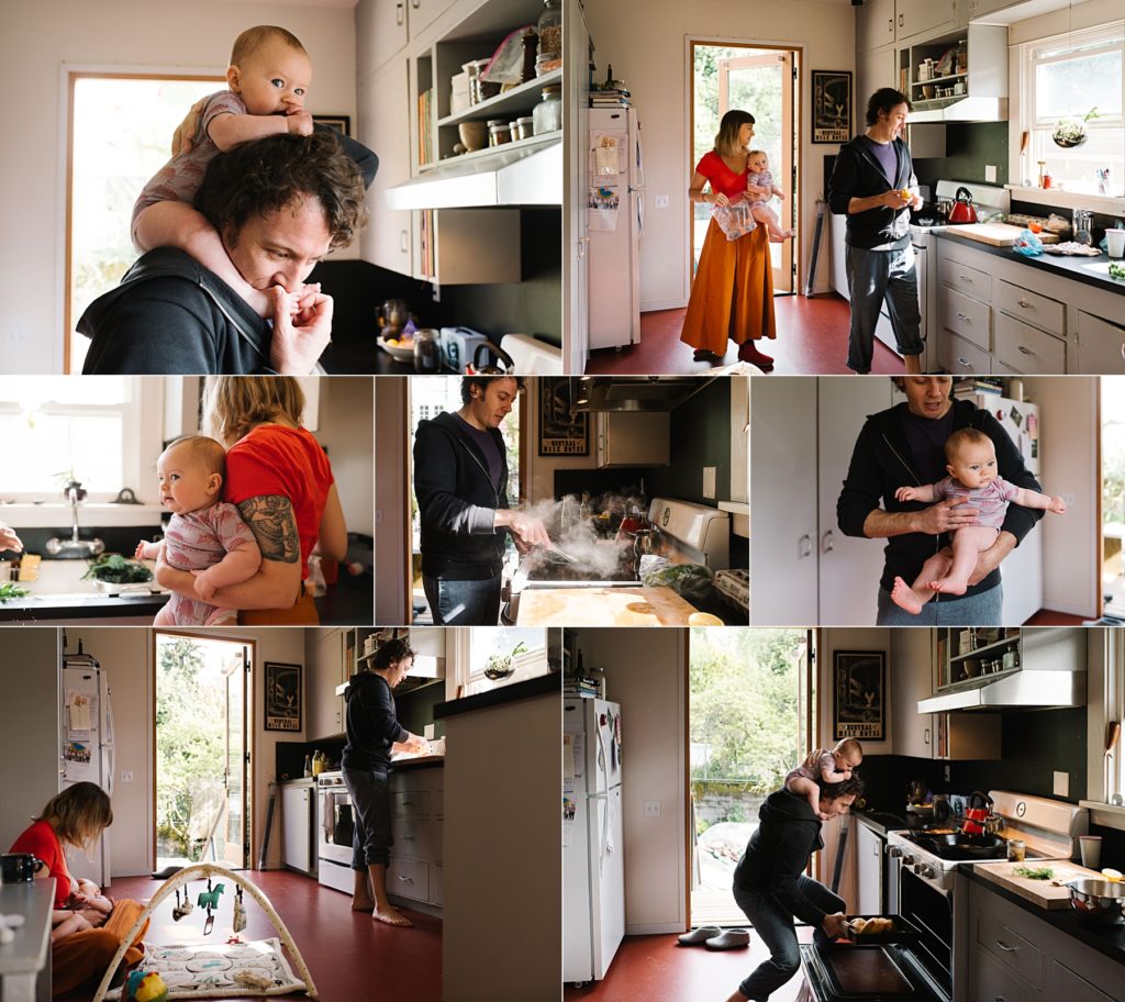 Dad cooking in kitchen while spending time with baby