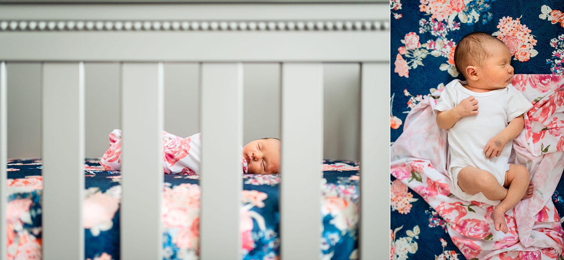 newborn baby girl sleeping in grey crib with floral sheets